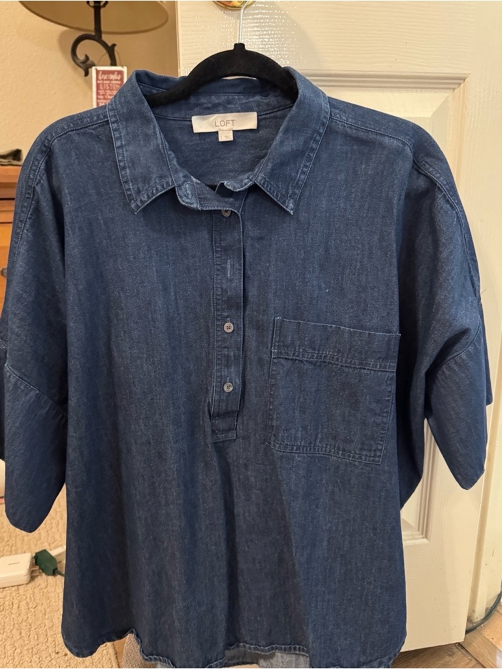 LOFT Dark Indigo Denim Button-Front Casual Shirt